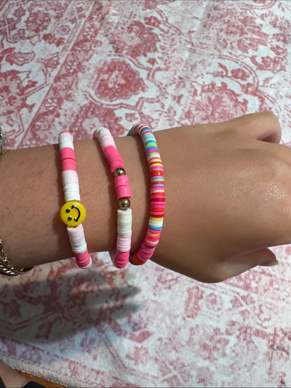 Kids Pink & Multicolor Beaded Stretch Bracelets Set - Cute Smile Charm